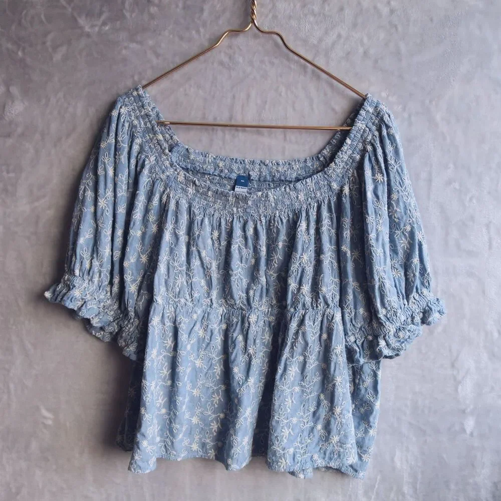 OLD NAVY Blue Floral Puff-Sleeve Babydoll Top Size XXL Embroidered Chambray